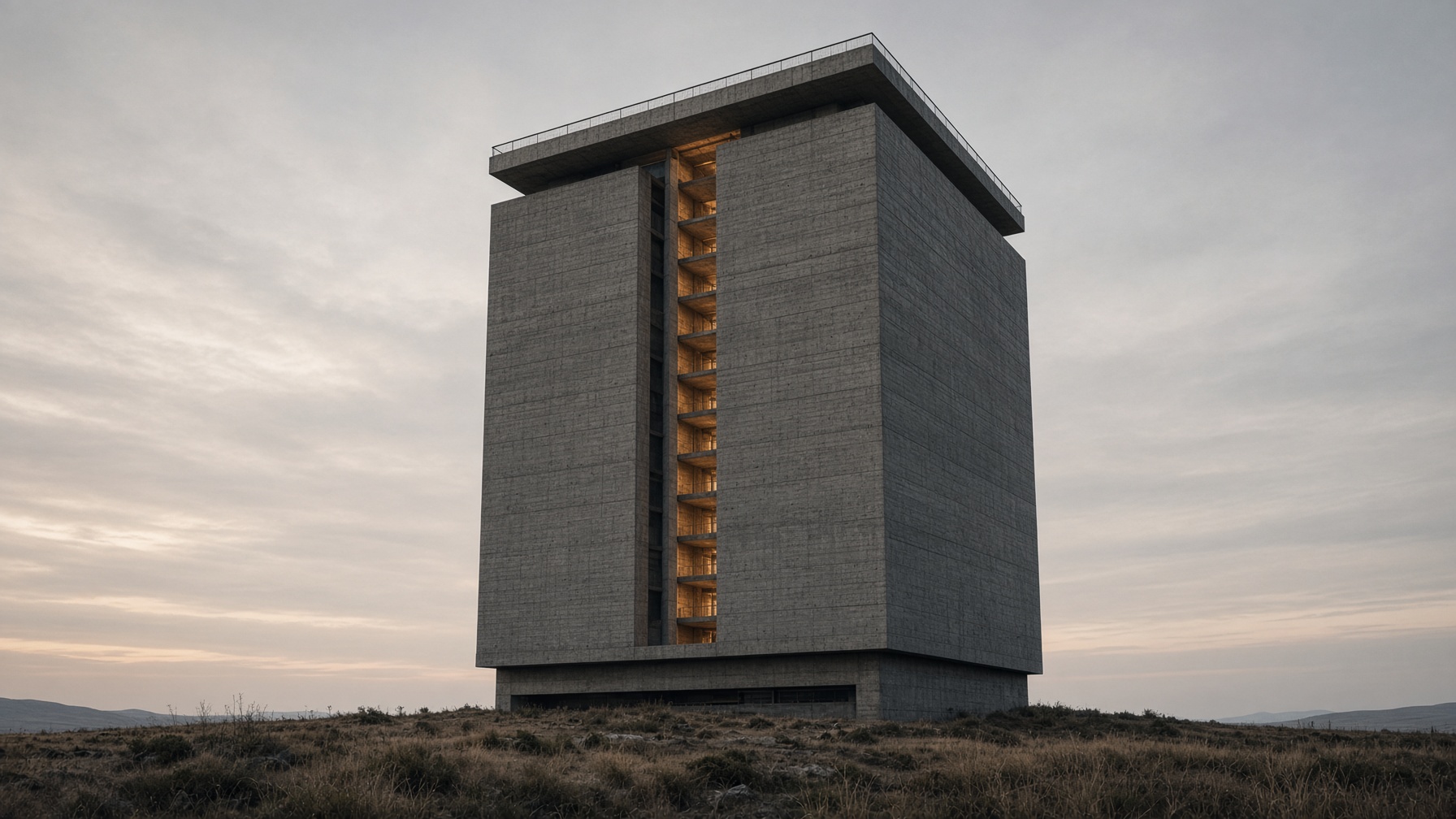 MONOLITH, a twelve-storey poured-concrete house on a dry plateau at dusk